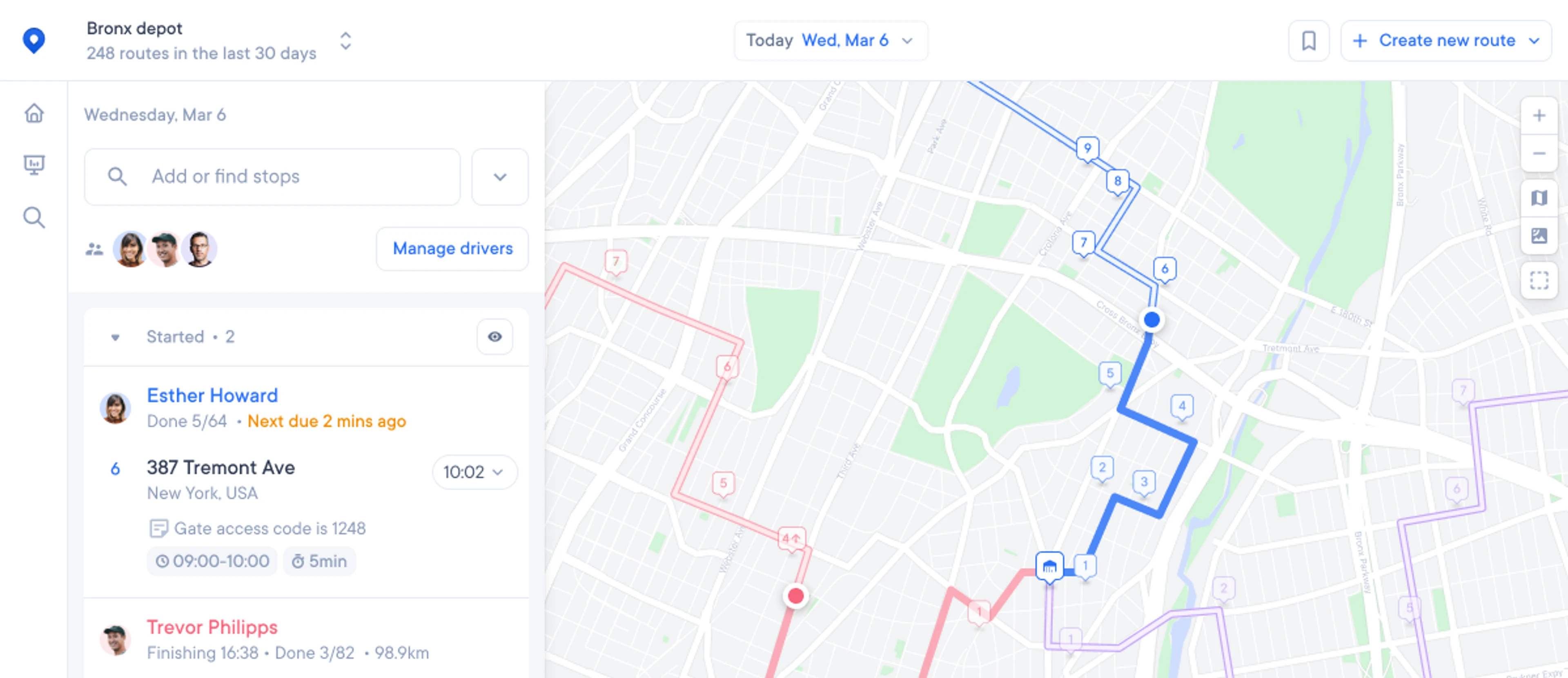 Logistics map interface showing the New York afternoon delivery run with route lines and list of addresses